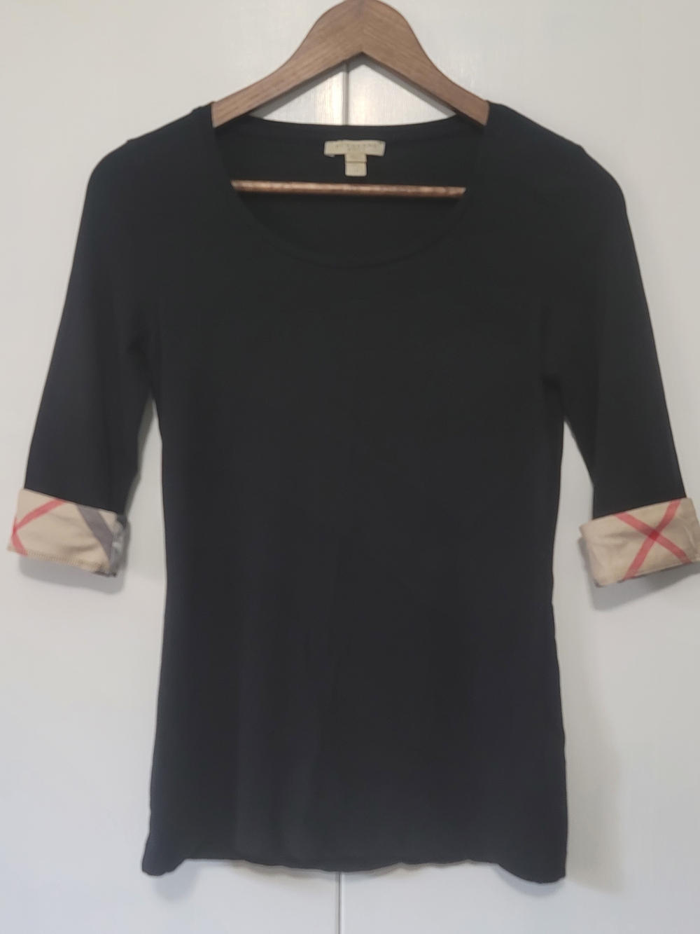 Burberry Black Scoop Neck Top with Signature Plaid Mid Cuffs